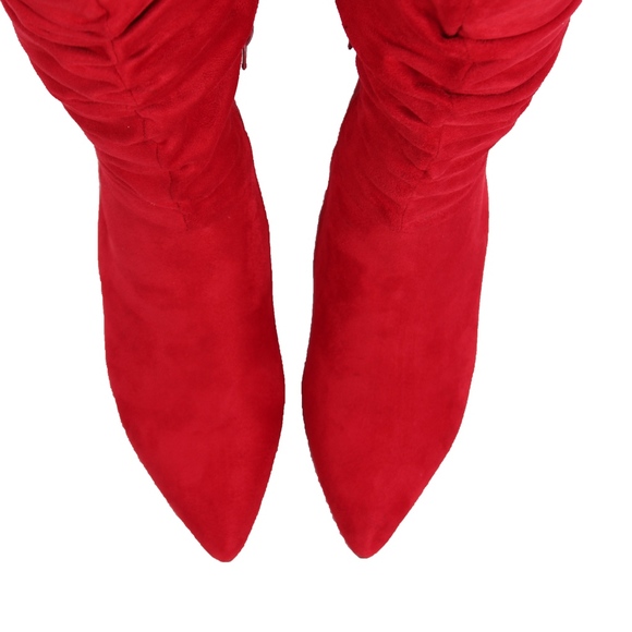 Red Faux Suede Slouchy Knee High Stiletto Boot - Picture 5 of 6